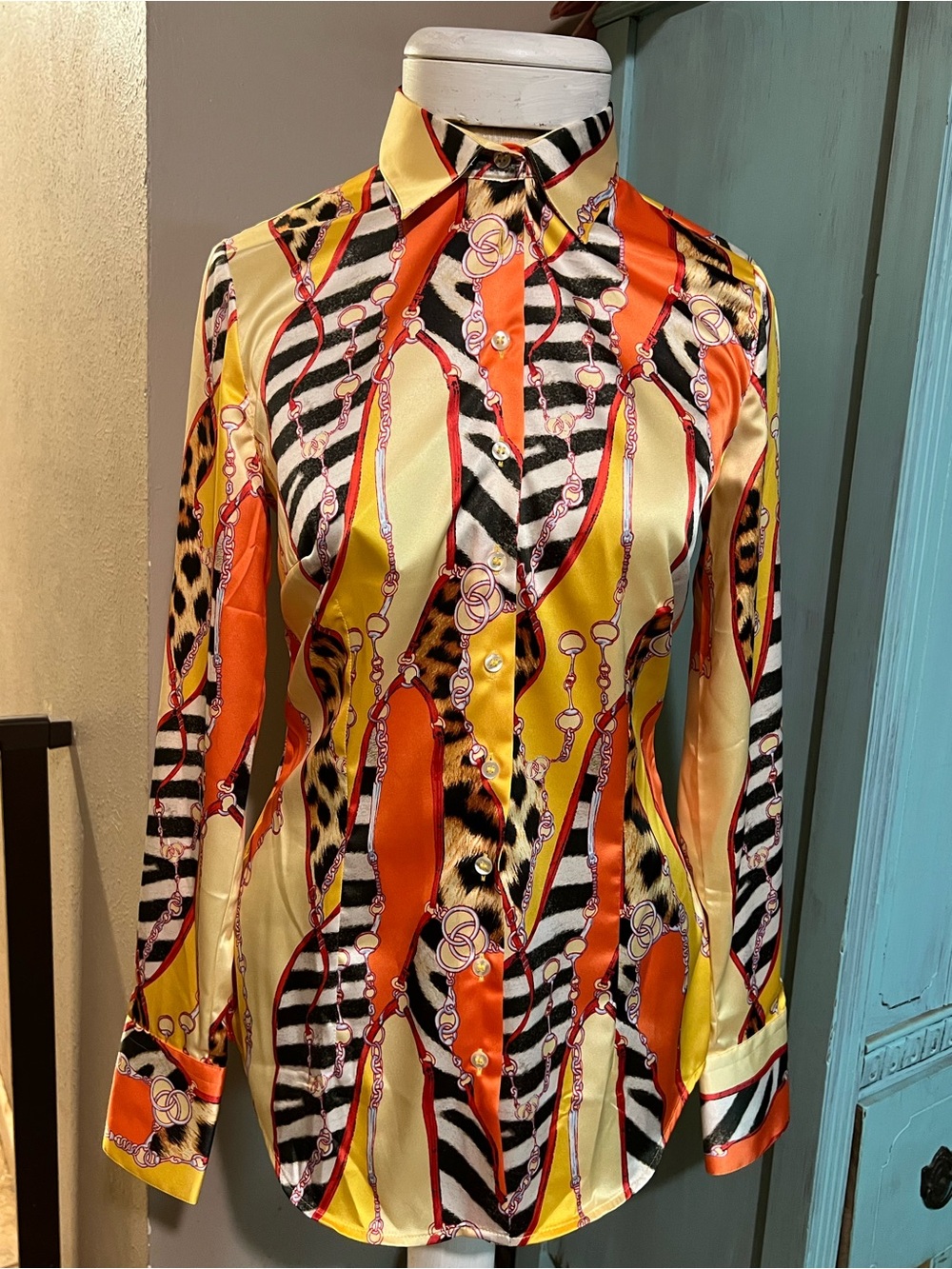 Hawes Curtis Fitted Ladies Equestrian Scarf Loop Chain Print Shirt UK Sz 10 NWT